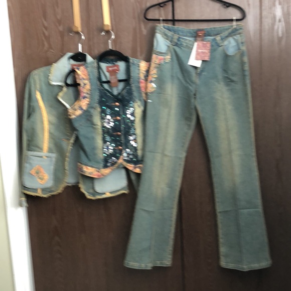 VINTAGE CHAGALL DENIM EMBELLISHED SMJACKET-HIPPIE BOHO APPLIQUÉ BEAD SEQUIN #043 - Picture 13 of 14